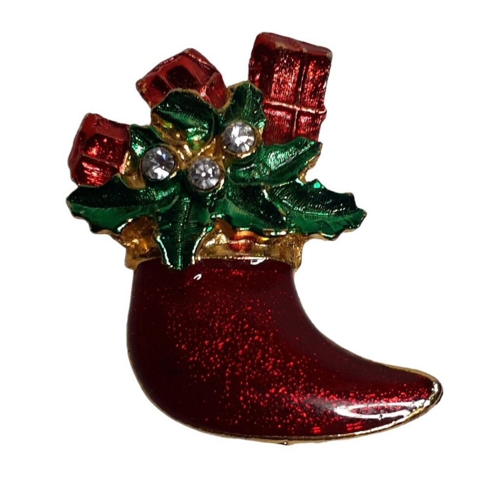Red Sparkle Enameled Clear Rhinestone Christmas Stocking Brooch Gold Tone